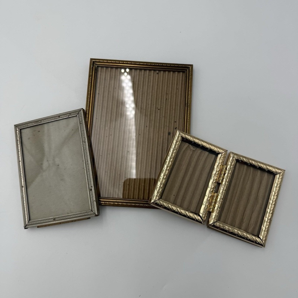 Lot 3 Vintage Gold Metal Picture Frame Ornate Bifold Wall Gallery Table Stand